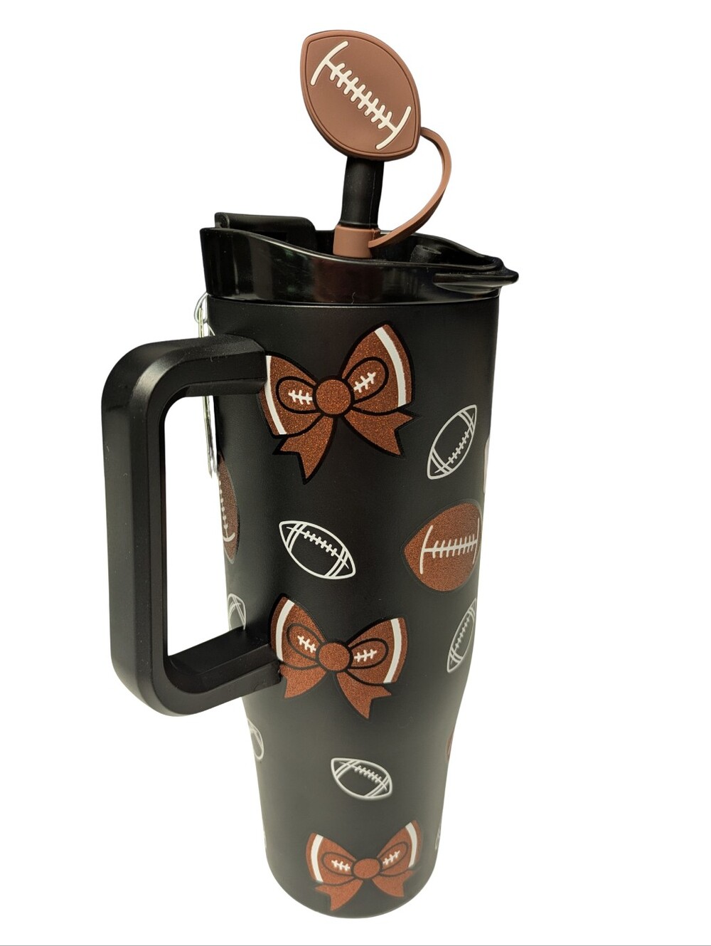 Glittery Football & Bows Print Travel Tumbler with Handle Removable Straw Topper - Picture 3 of 14
